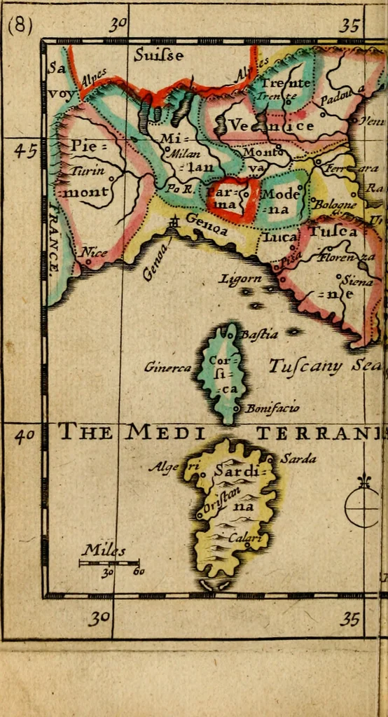 An illustration from A new systeme of geography : designed in a most plain and easie method, for the better understanding of that science : accommodated with new maps, of all the empires, kingdoms, principalities, dukedoms, provinces and countries in the whole world : with geographical tables, explaining the divisions in each map, 1694, leaf 187