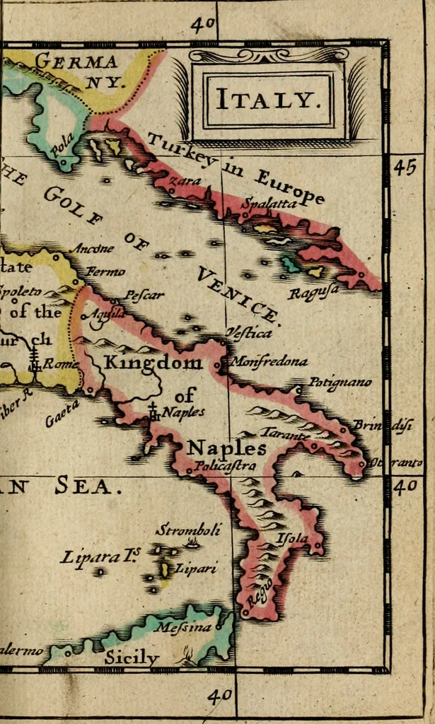 An illustration from A new systeme of geography : designed in a most plain and easie method, for the better understanding of that science : accommodated with new maps, of all the empires, kingdoms, principalities, dukedoms, provinces and countries in the whole world : with geographical tables, explaining the divisions in each map, 1694, leaf 188