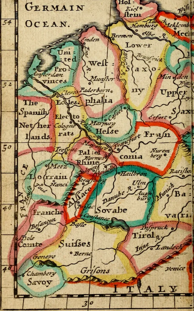 An illustration from A new systeme of geography : designed in a most plain and easie method, for the better understanding of that science : accommodated with new maps, of all the empires, kingdoms, principalities, dukedoms, provinces and countries in the whole world : with geographical tables, explaining the divisions in each map, 1694, leaf 193
