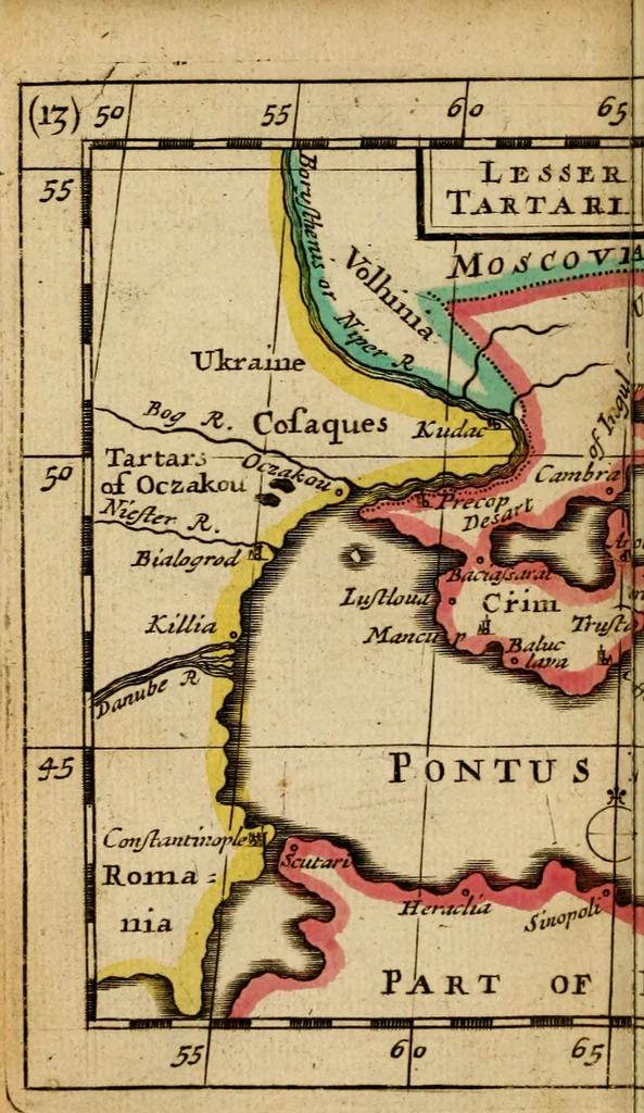 An illustration from A new systeme of geography : designed in a most plain and easie method, for the better understanding of that science : accommodated with new maps, of all the empires, kingdoms, principalities, dukedoms, provinces and countries in the whole world : with geographical tables, explaining the divisions in each map, 1694, leaf 247