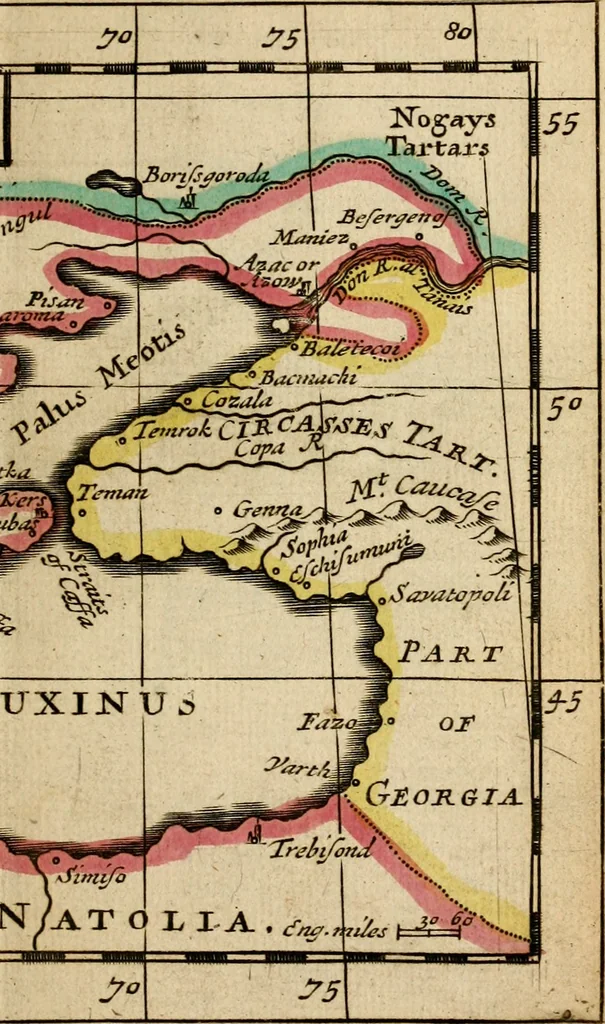 An illustration from A new systeme of geography : designed in a most plain and easie method, for the better understanding of that science : accommodated with new maps, of all the empires, kingdoms, principalities, dukedoms, provinces and countries in the whole world : with geographical tables, explaining the divisions in each map, 1694, leaf 248