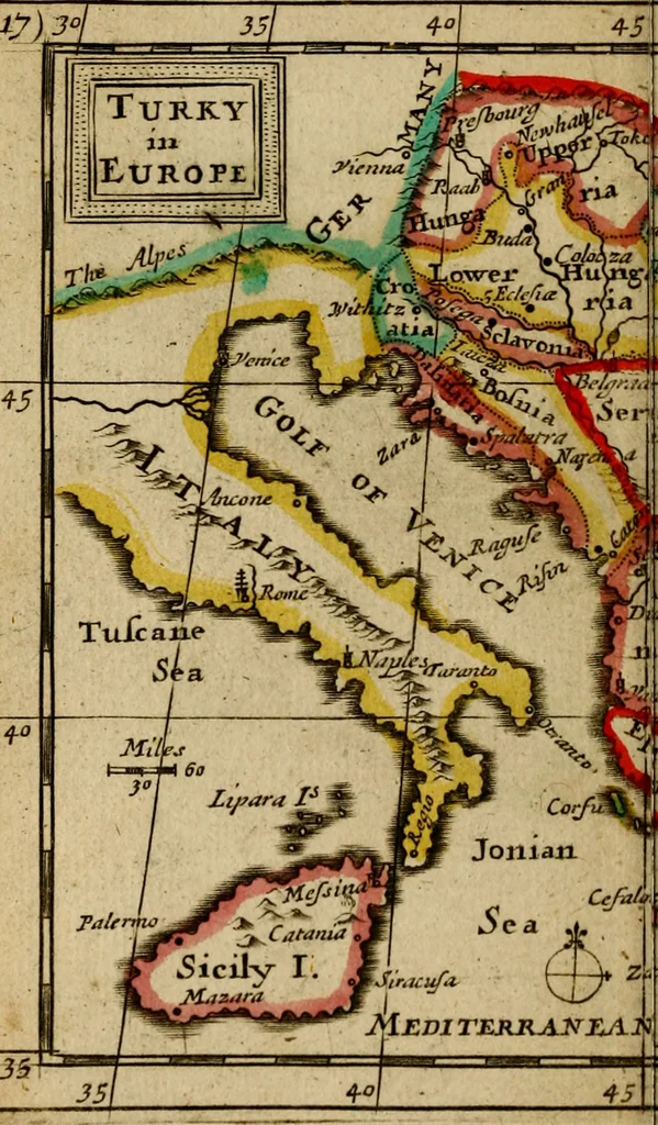 An illustration from A new systeme of geography : designed in a most plain and easie method, for the better understanding of that science : accommodated with new maps, of all the empires, kingdoms, principalities, dukedoms, provinces and countries in the whole world : with geographical tables, explaining the divisions in each map, 1694, leaf 253