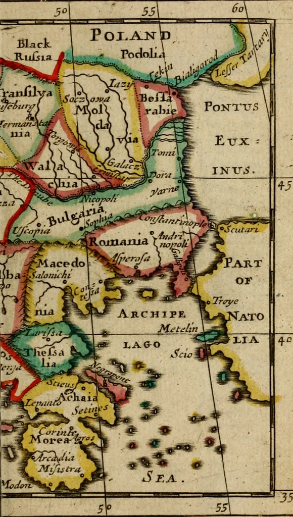 An illustration from A new systeme of geography : designed in a most plain and easie method, for the better understanding of that science : accommodated with new maps, of all the empires, kingdoms, principalities, dukedoms, provinces and countries in the whole world : with geographical tables, explaining the divisions in each map, 1694, leaf 254