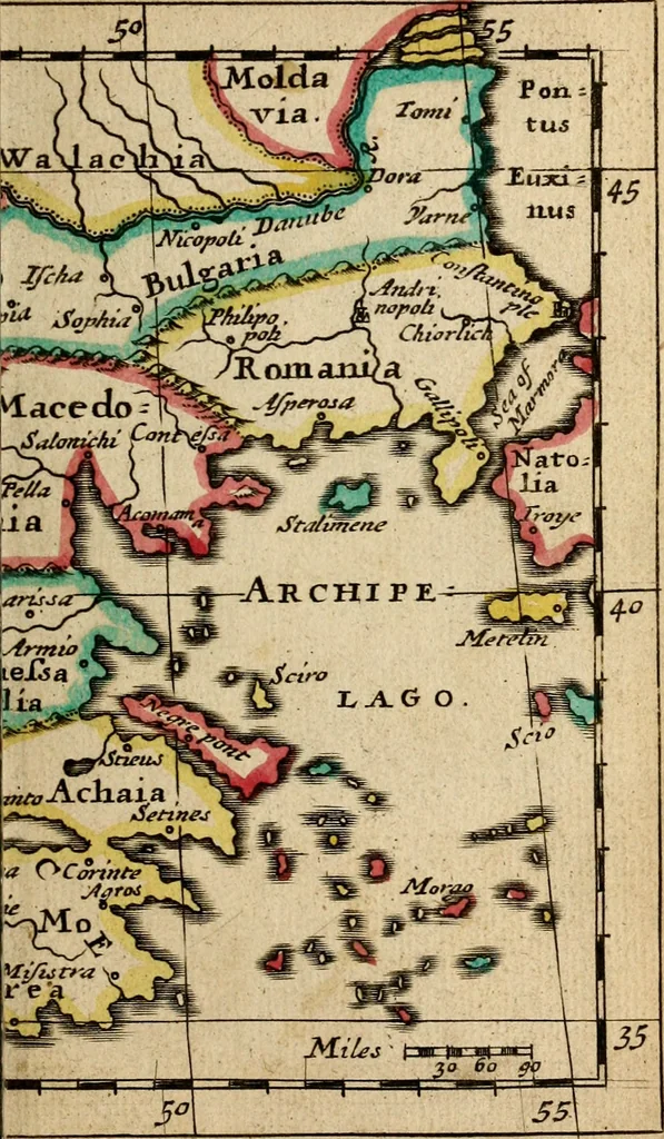 An illustration from A new systeme of geography : designed in a most plain and easie method, for the better understanding of that science : accommodated with new maps, of all the empires, kingdoms, principalities, dukedoms, provinces and countries in the whole world : with geographical tables, explaining the divisions in each map, 1694, leaf 266