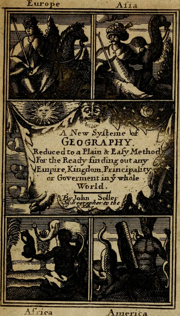An illustration from A new systeme of geography : designed in a most plain and easie method, for the better understanding of that science : accommodated with new maps, of all the empires, kingdoms, principalities, dukedoms, provinces and countries in the whole world : with geographical tables, explaining the divisions in each map, 1694, leaf 4