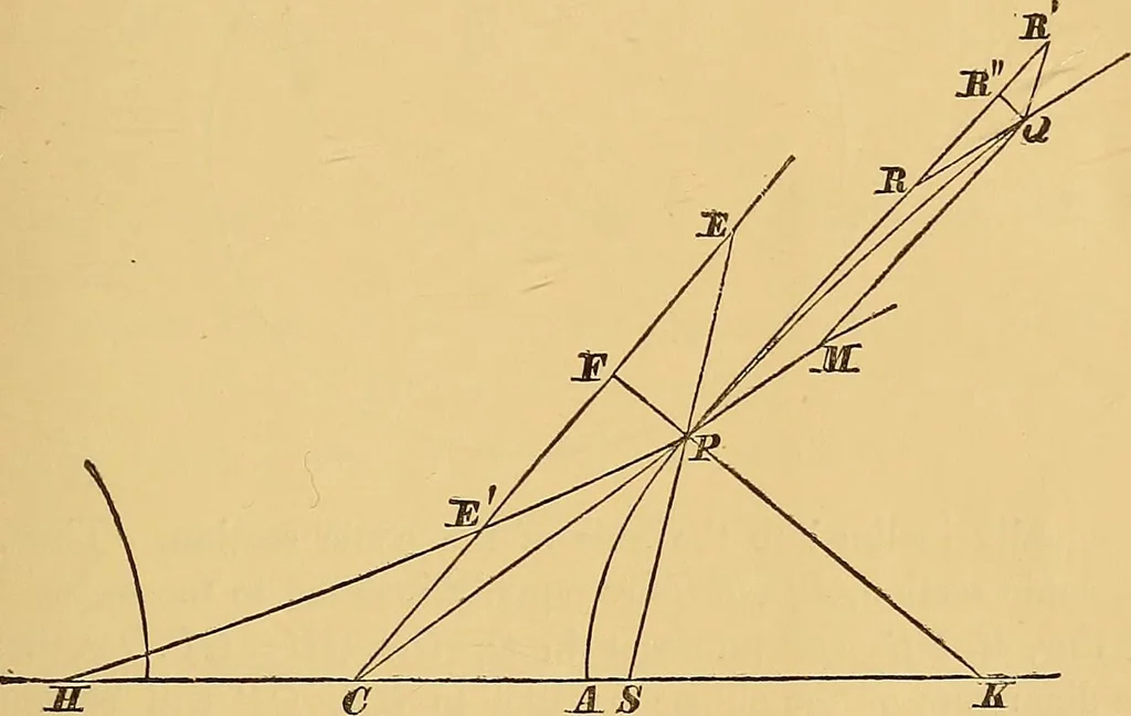 An illustration from Newton's principia, first book sections I, II, III, with notes and illustrations and a collection of problems, principally intended as examples of Newton's methods, 1900, leaf 116
