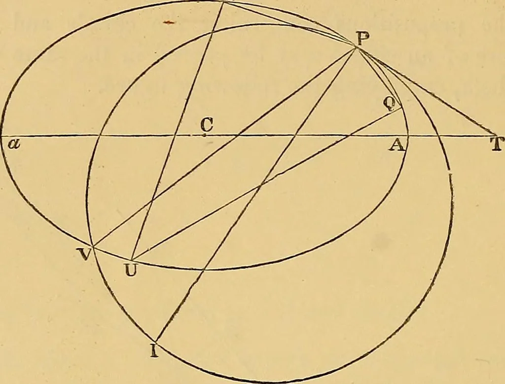 An illustration from Newton's principia, first book sections I, II, III, with notes and illustrations and a collection of problems, principally intended as examples of Newton's methods, 1900, leaf 117