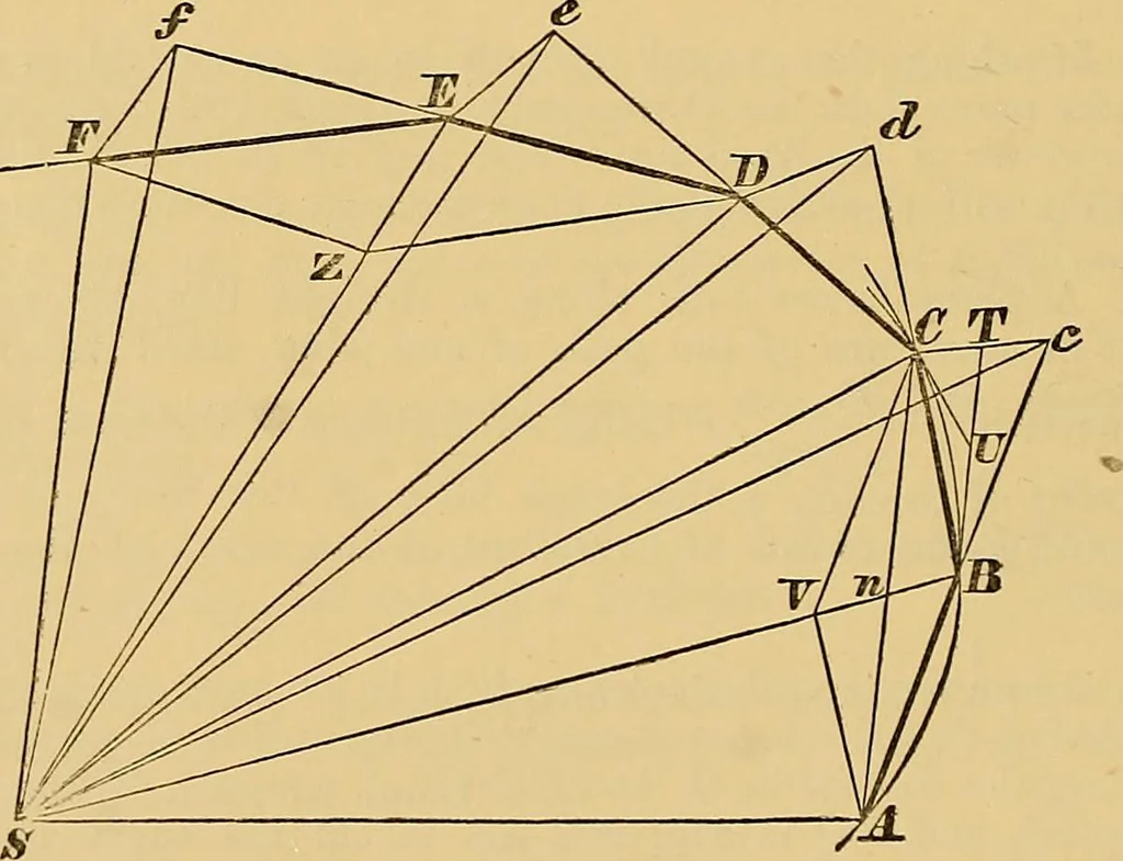 An illustration from Newton's principia, first book sections I, II, III, with notes and illustrations and a collection of problems, principally intended as examples of Newton's methods, 1900, leaf 155