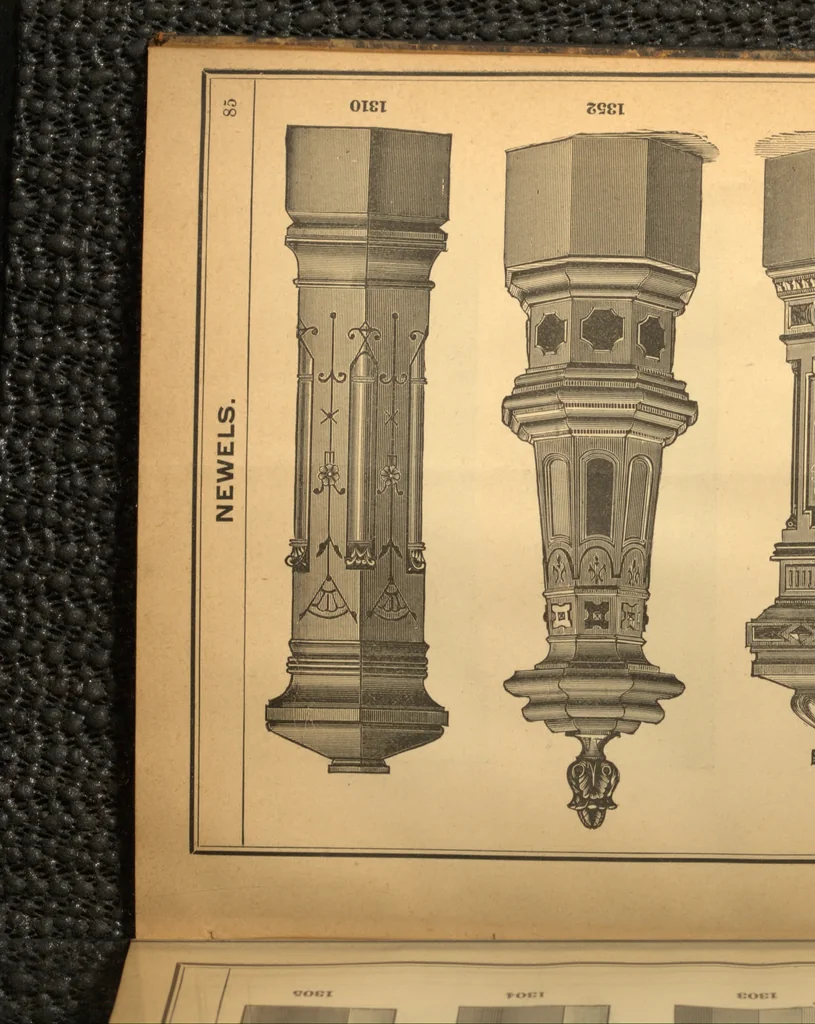An illustration from New universal moulding book, containing latest styles of mouldings and architectural designs of exterior and interior finish ... rails, balusters and newel posts; architraves; front, interior and store doors .., 1891, leaf 100