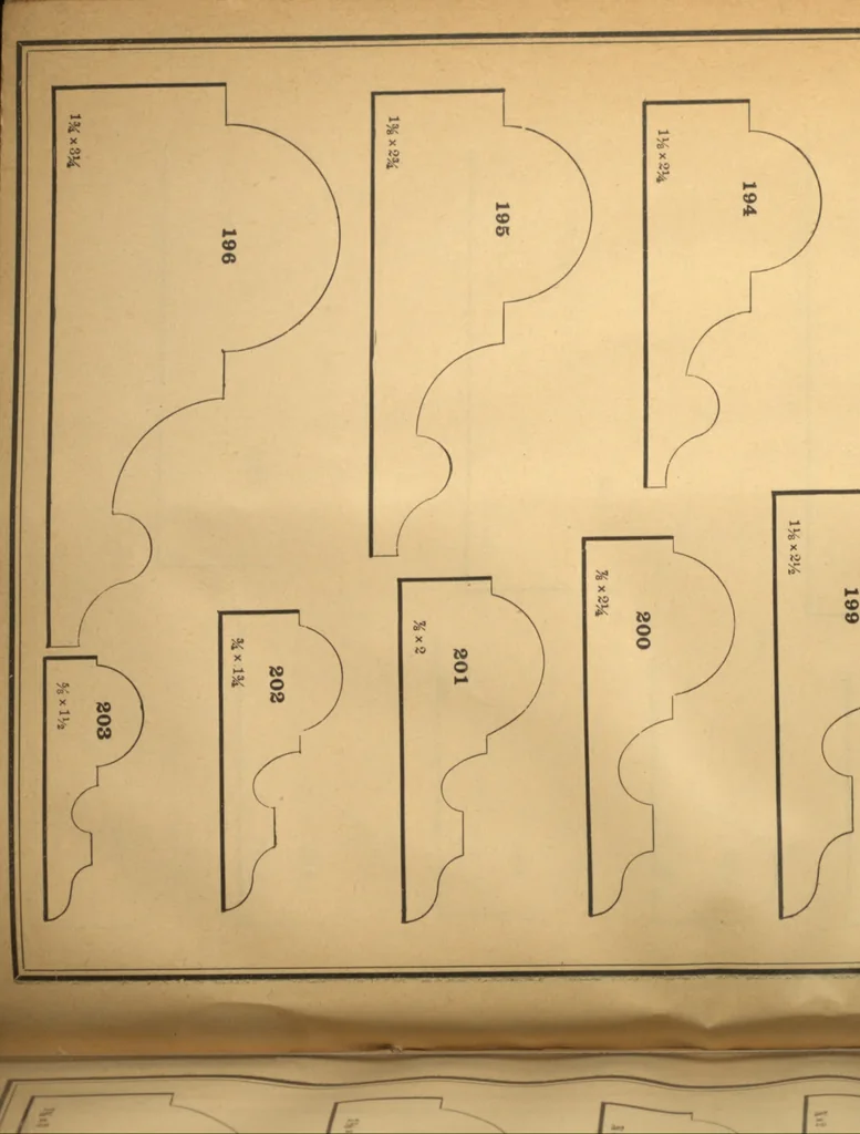 An illustration from New universal moulding book, containing latest styles of mouldings and architectural designs of exterior and interior finish ... rails, balusters and newel posts; architraves; front, interior and store doors .., 1891, leaf 31