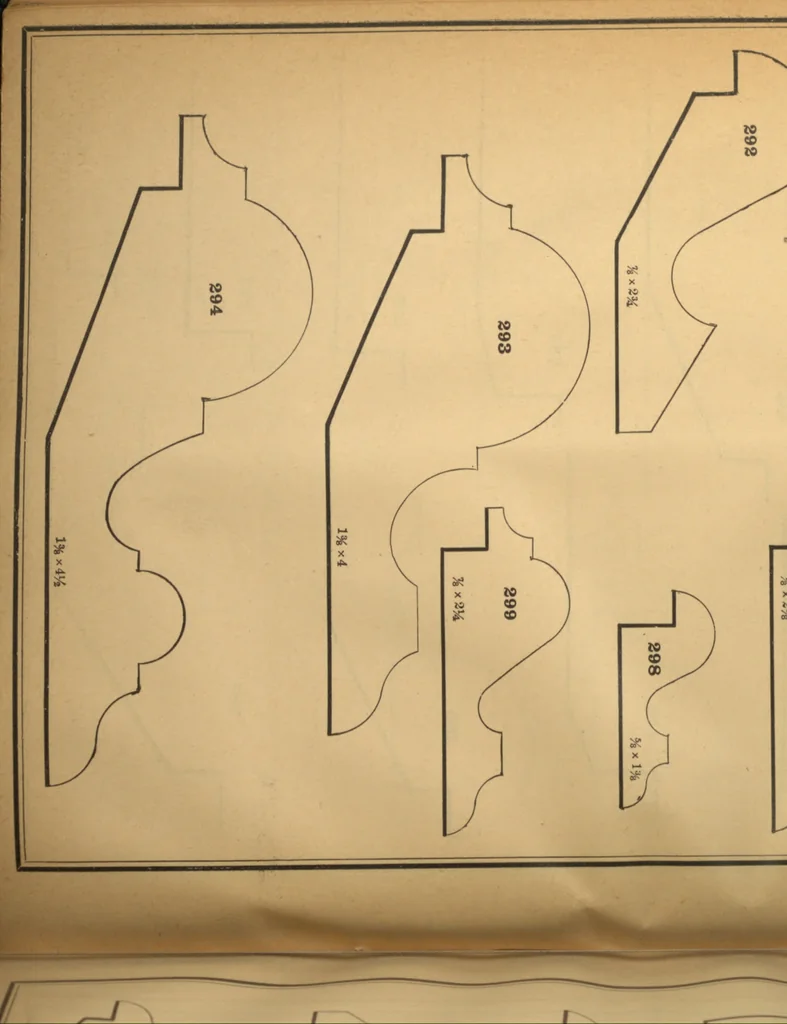 An illustration from New universal moulding book, containing latest styles of mouldings and architectural designs of exterior and interior finish ... rails, balusters and newel posts; architraves; front, interior and store doors .., 1891, leaf 39