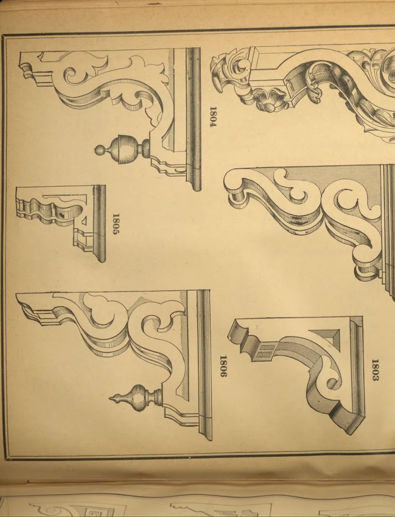 An illustration from New universal moulding book, containing latest styles of mouldings and architectural designs of exterior and interior finish ... rails, balusters and newel posts; architraves; front, interior and store doors .., 1891, leaf 63