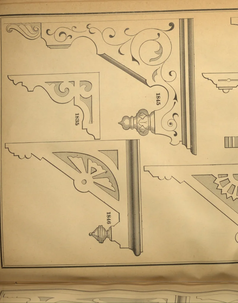 An illustration from New universal moulding book, containing latest styles of mouldings and architectural designs of exterior and interior finish ... rails, balusters and newel posts; architraves; front, interior and store doors .., 1891, leaf 65