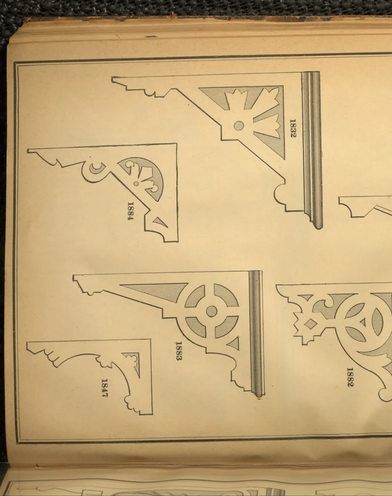 An illustration from New universal moulding book, containing latest styles of mouldings and architectural designs of exterior and interior finish ... rails, balusters and newel posts; architraves; front, interior and store doors .., 1891, leaf 67