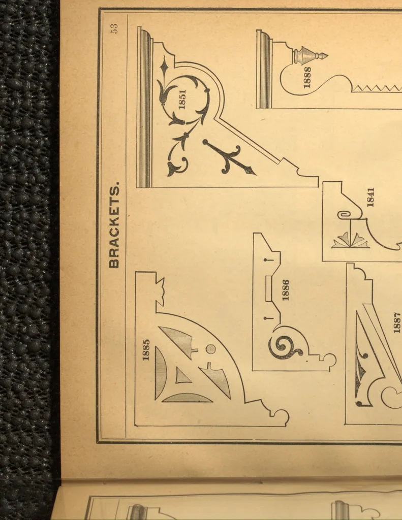 An illustration from New universal moulding book, containing latest styles of mouldings and architectural designs of exterior and interior finish ... rails, balusters and newel posts; architraves; front, interior and store doors .., 1891, leaf 68
