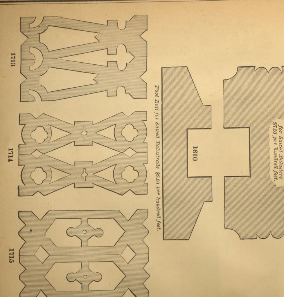 An illustration from New universal moulding book, containing latest styles of mouldings and architectural designs of exterior and interior finish ... rails, balusters and newel posts; architraves; front, interior and store doors .., 1891, leaf 69