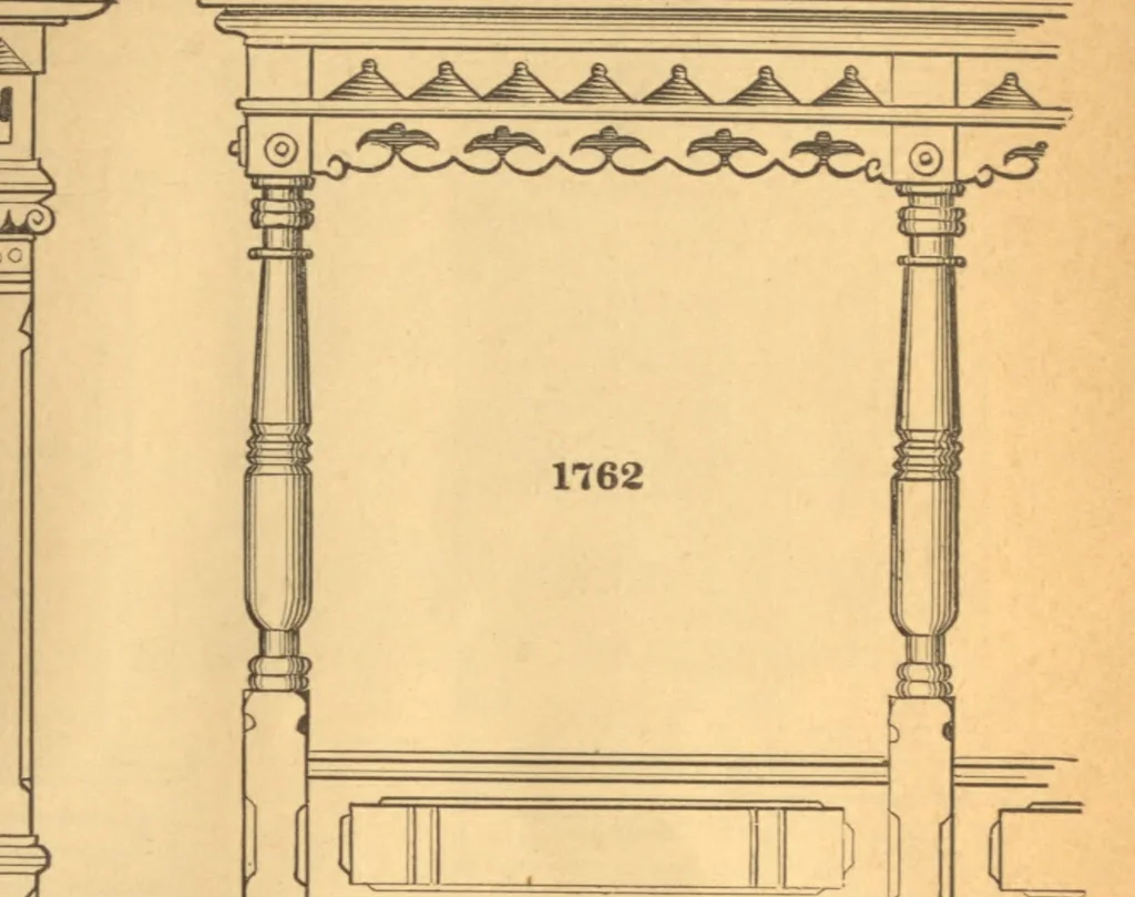 An illustration from New universal moulding book, containing latest styles of mouldings and architectural designs of exterior and interior finish ... rails, balusters and newel posts; architraves; front, interior and store doors .., 1891, leaf 72