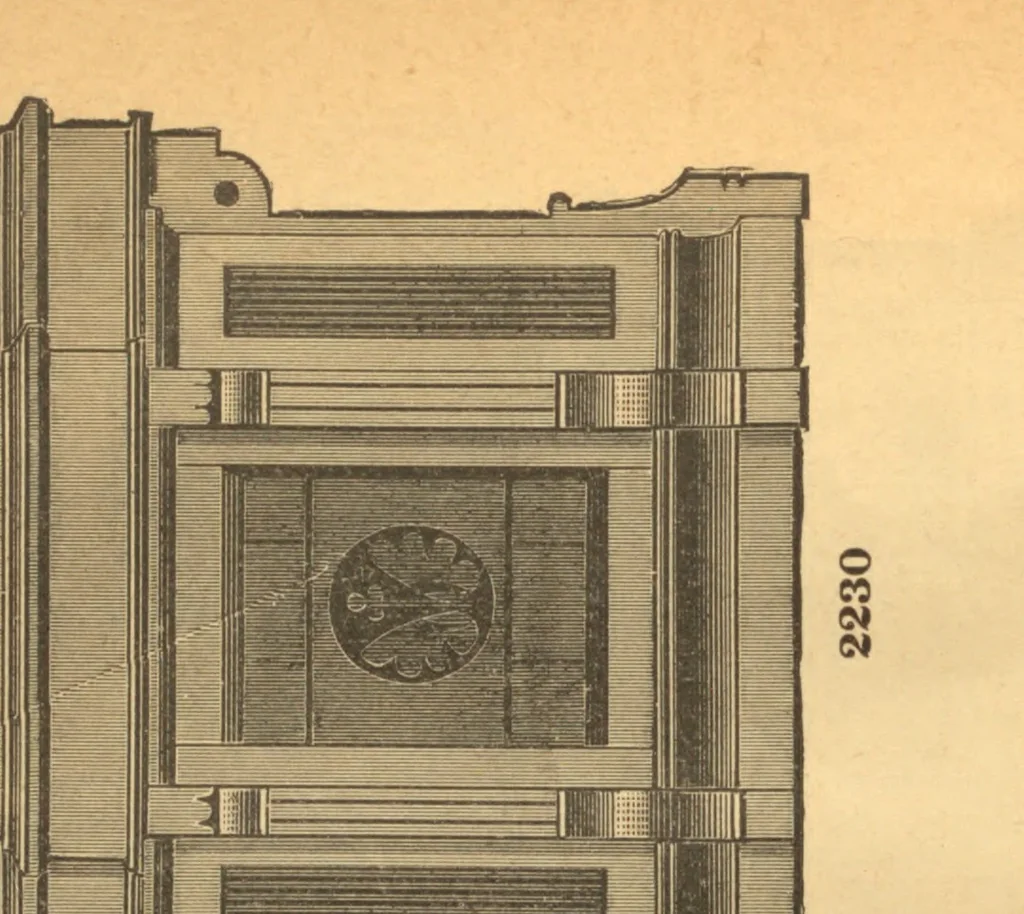 An illustration from New universal moulding book, containing latest styles of mouldings and architectural designs of exterior and interior finish ... rails, balusters and newel posts; architraves; front, interior and store doors .., 1891, leaf 74