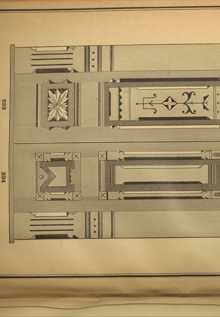 An illustration from New universal moulding book, containing latest styles of mouldings and architectural designs of exterior and interior finish ... rails, balusters and newel posts; architraves; front, interior and store doors .., 1891, leaf 87