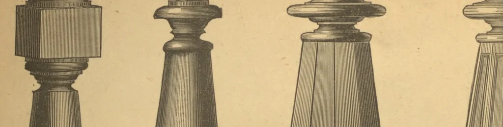 An illustration from New universal moulding book, containing latest styles of mouldings and architectural designs of exterior and interior finish ... rails, balusters and newel posts; architraves; front, interior and store doors .., 1891, leaf 99