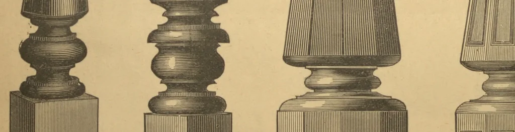 An illustration from New universal moulding book, containing latest styles of mouldings and architectural designs of exterior and interior finish ... rails, balusters and newel posts; architraves; front, interior and store doors .., 1891, leaf 99