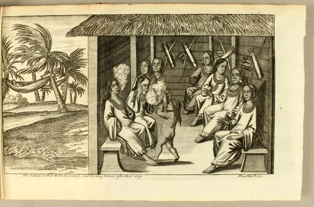 An illustration from A new voyage and description of the isthmus of America, : giving an account of the author's abode there, the form and make of the country, the coasts, hills, rivers, &c. woods, soil, weather, &c. trees, fruit, beasts, birds, fish, &c. The Indian inhabitants, their features, complexion, &c. their manners, customs, employments, marriages, feasts, hunting, computation, language, &c. With remarkable occurrences in the South Sea, and elsewhere., 1699, leaf 121