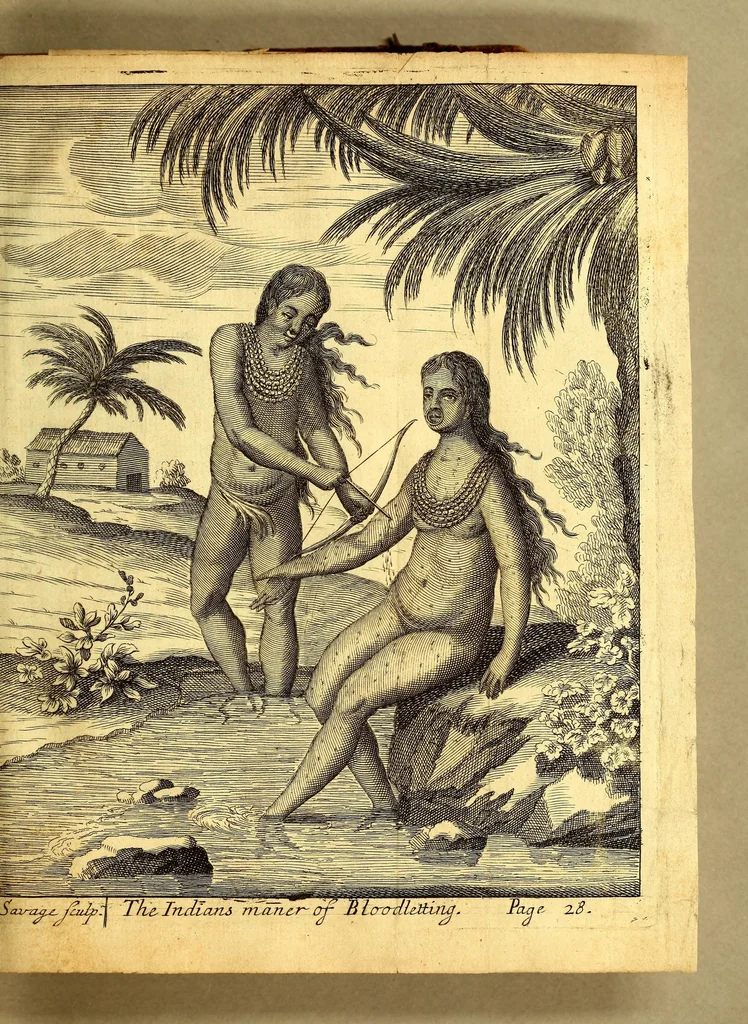 An illustration from A new voyage and description of the isthmus of America, : giving an account of the author's abode there, the form and make of the country, the coasts, hills, rivers, &c. woods, soil, weather, &c. trees, fruit, beasts, birds, fish, &c. The Indian inhabitants, their features, complexion, &c. their manners, customs, employments, marriages, feasts, hunting, computation, language, &c. With remarkable occurrences in the South Sea, and elsewhere., 1699, leaf 43