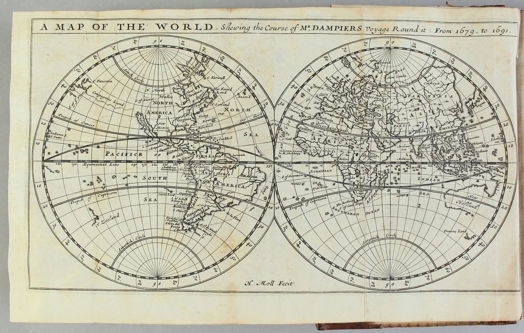 An illustration from A new voyage round the world. : Describing particularly, the isthmus of America, several coasts and islands in the West Indies, the Isles of Cape Verd, the passage by Terra del Fuego, the South Sea coasts of Chili, Peru, and Mexico; the Isle of Guam one of the Ladrones, Mindanao, and other Philippine and East India islands, near Cambodia, China, Formosa, Luconia, Celebes, &c. New Holland, Sumatra, Nicobar Isles; the Cape of Good Hope, and Santa Hellena. Their soil, rivers, harbours, plants, fruits, animals, and inhabitants. Their customs, religion, government, trade, &c. Vol. I., 1699, leaf 10