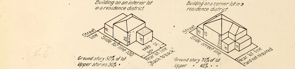 An illustration from New York city building zone resolution restricting the height and use of buildings and prescribing the minimum sizes of their yards and courts; with explanatory notes that will be helpful to owners, builders and architects, 1920, leaf 17