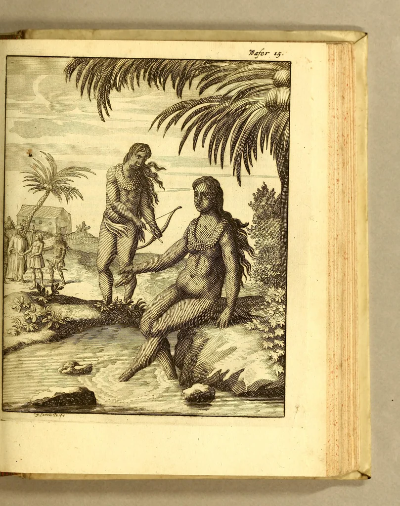 An illustration from Nieuwe reystogt en beschryving van de land-engte van Amerika, : behelzende een verhaal van de schryvers verblyf en zonderlinge avontuuren aldaar, de gesteltenisse van 't land, de kusten, bergen, rivieren, bosschen, 't aardryk, weeder, de boomen, vruchten, beesten, volgelen, visschen enz. Mitsgaders de Indiaansche inwoonders, hunne gestalte, aardt, zeeden, gewoonten, werk, huuwelyken, gastmaalen, beestejagt, manier van tellen, taal, enz. Beneffens eenige merkwaaardige ontmoetingen in de zuydzee en elders., 1700, leaf 19