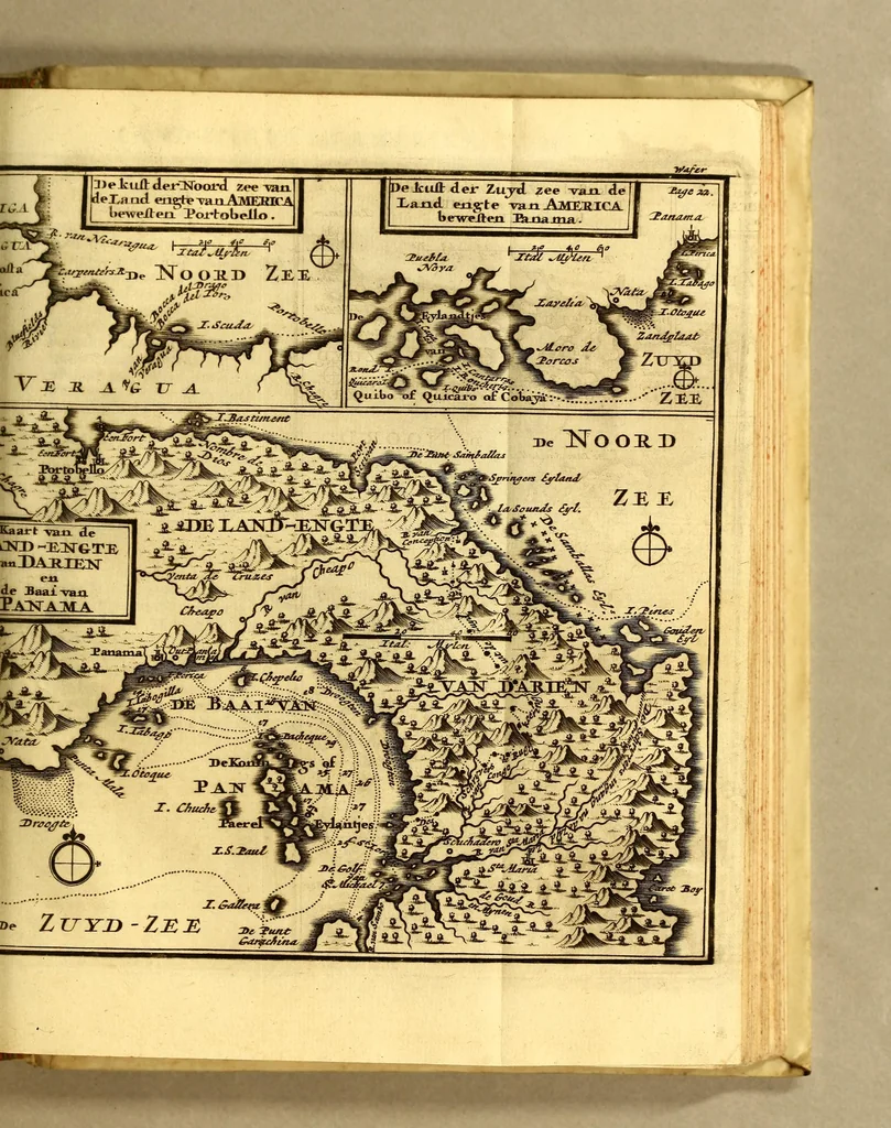 An illustration from Nieuwe reystogt en beschryving van de land-engte van Amerika, : behelzende een verhaal van de schryvers verblyf en zonderlinge avontuuren aldaar, de gesteltenisse van 't land, de kusten, bergen, rivieren, bosschen, 't aardryk, weeder, de boomen, vruchten, beesten, volgelen, visschen enz. Mitsgaders de Indiaansche inwoonders, hunne gestalte, aardt, zeeden, gewoonten, werk, huuwelyken, gastmaalen, beestejagt, manier van tellen, taal, enz. Beneffens eenige merkwaaardige ontmoetingen in de zuydzee en elders., 1700, leaf 27