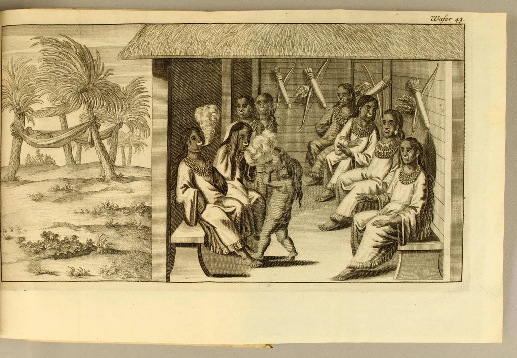 An illustration from Nieuwe reystogt en beschryving van de land-engte van Amerika, : behelzende een verhaal van de schryvers verblyf en zonderlinge avontuuren aldaar, de gesteltenisse van 't land, de kusten, bergen, rivieren, bosschen, 't aardryk, weeder, de boomen, vruchten, beesten, volgelen, visschen enz. Mitsgaders de Indiaansche inwoonders, hunne gestalte, aardt, zeeden, gewoonten, werk, huuwelyken, gastmaalen, beestejagt, manier van tellen, taal, enz. Beneffens eenige merkwaaardige ontmoetingen in de zuydzee en elders., 1700, leaf 51