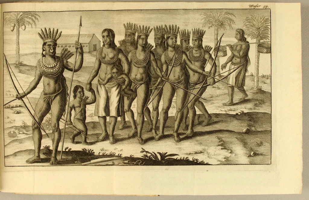 An illustration from Nieuwe reystogt en beschryving van de land-engte van Amerika, : behelzende een verhaal van de schryvers verblyf en zonderlinge avontuuren aldaar, de gesteltenisse van 't land, de kusten, bergen, rivieren, bosschen, 't aardryk, weeder, de boomen, vruchten, beesten, volgelen, visschen enz. Mitsgaders de Indiaansche inwoonders, hunne gestalte, aardt, zeeden, gewoonten, werk, huuwelyken, gastmaalen, beestejagt, manier van tellen, taal, enz. Beneffens eenige merkwaaardige ontmoetingen in de zuydzee en elders., 1700, leaf 69