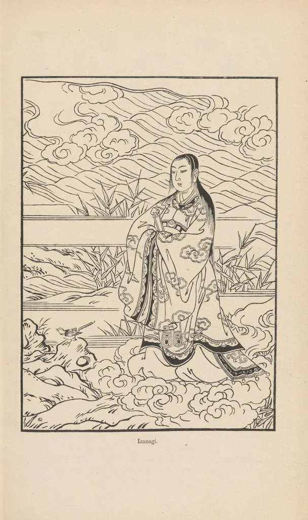 An illustration from Nihongi : chronicles of Japan from the earliest times to A.D. 697, 1896, leaf 9