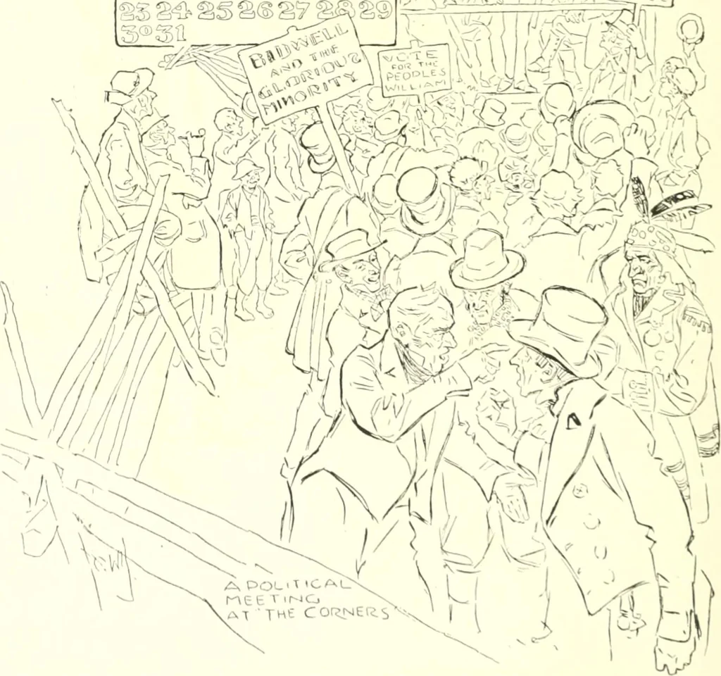 An illustration from Ninety-eight : a calendar for the year 1898; with some drawings suggestive of the everyday life of the past in Canada, 1898, leaf 21