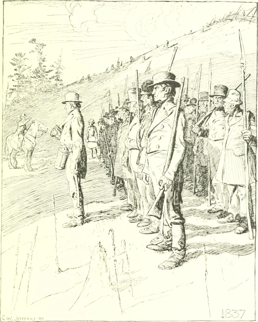 An illustration from Ninety-eight : a calendar for the year 1898; with some drawings suggestive of the everyday life of the past in Canada, 1898, leaf 22
