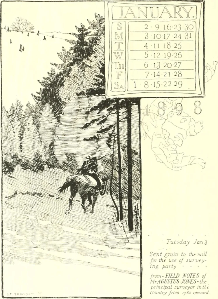 An illustration from Ninety-eight : a calendar for the year 1898; with some drawings suggestive of the everyday life of the past in Canada, 1898, leaf 5