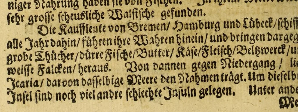 An illustration from Norden, oder Zu Wasser und Lande im Eise und Snee, mit Verlust Blutes und Gutes zu Wege gebrachte, und fleissig beschriebene Erfahrung und Vorstellung des Norden, : auss denen, welche zu unterschiedenen Zeiten gelebet, viel im Norden versuchet, viel auch umbsonst angefangen und angewandt haben : auff guter Freunde Begehren zusammen gebracht dargereichet, und ferner zu betrachten und zu vermehren,, 1678, leaf 230