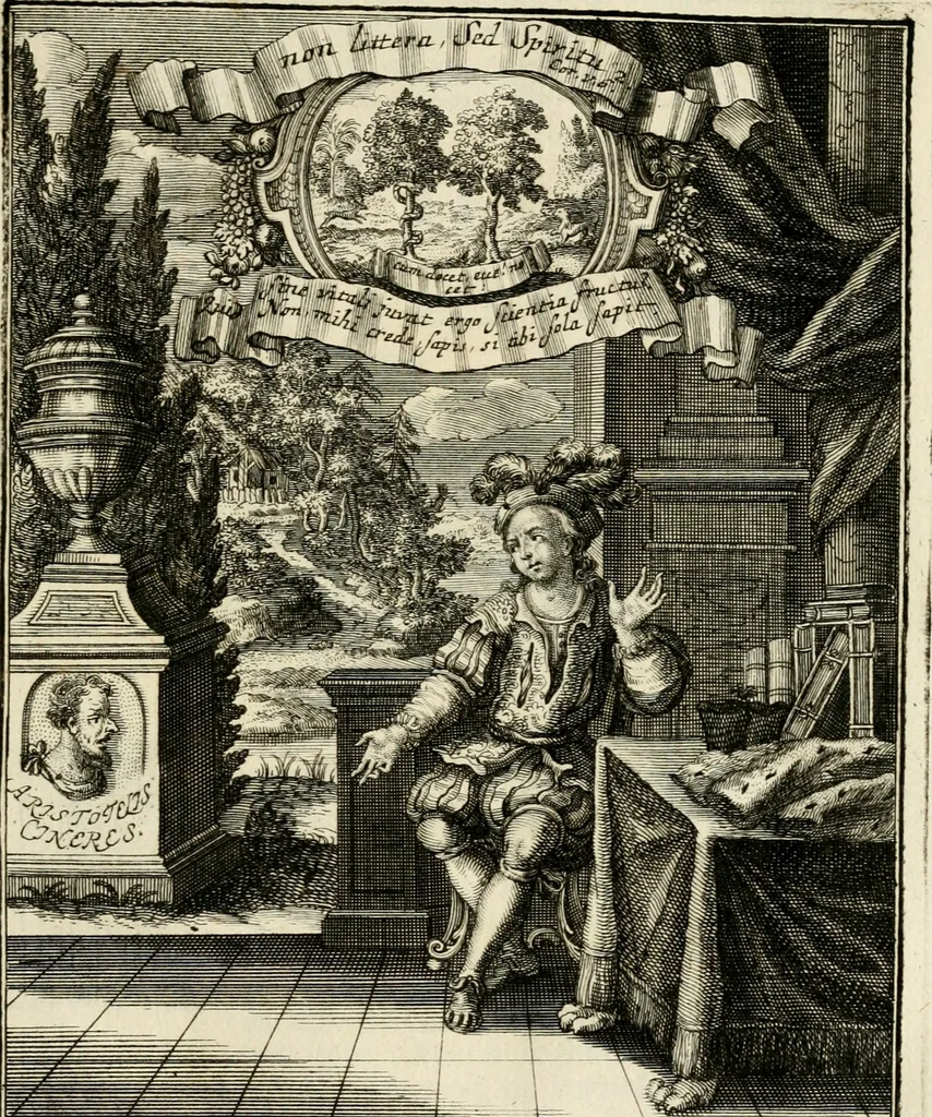 An illustration from Peripateticus nostri temporis, seu, Philosophus discursivus : in biennali cursu, per discursus symbolico-physicos, ad discursum, juxta sanctorum philosophorum exempla, piè curiosum instructus .., 1724, leaf 18