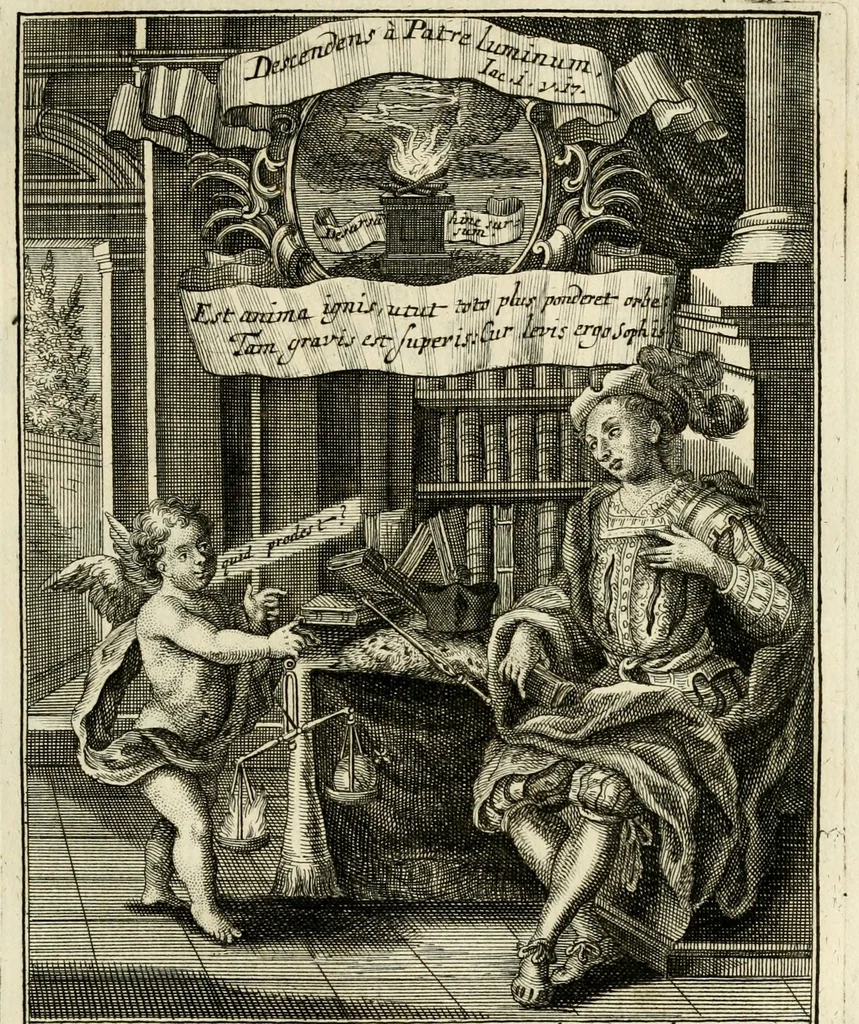 An illustration from Peripateticus nostri temporis, seu, Philosophus discursivus : in biennali cursu, per discursus symbolico-physicos, ad discursum, juxta sanctorum philosophorum exempla, piè curiosum instructus .., 1724, leaf 62
