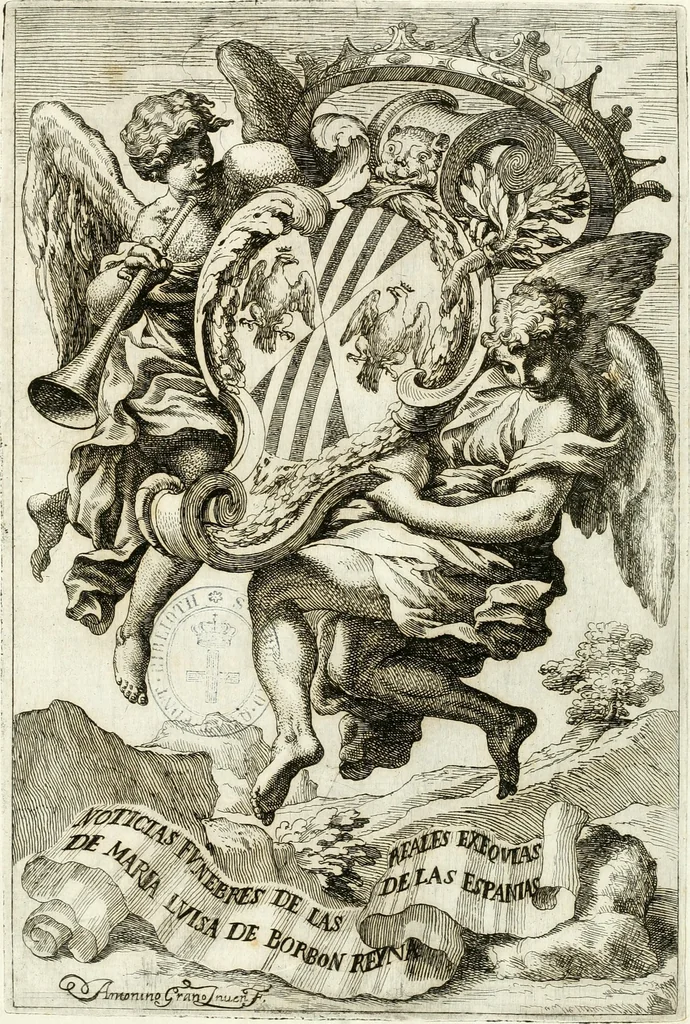 An illustration from Noticias fvnebres de las magestvosas exeqvias que hizo la felicissima Ciudad de Palermo, cabeça coronada de Sicilia en la mverte de Maria Lvysa de Borbon Nvestra Señora Reyna de las Españas de orden del excelentissimo Señor Dvqve de Vzeda, Virrey, y Capitan General deste Reyno, execvtada por el ilvstre D. Lvys Riggio, 1689, leaf 6