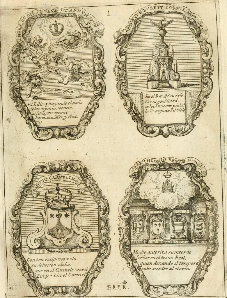 An illustration from Noticias historiales de la enfermedad, muerte, y exsequias de la esclarecida reyna de las Españas doña Maria Luisa de Orleans, Borbon Stuart y Austria, nuestra señora, dignissima consorte del rey nuestro señor Don Carlos segundo de Austria, 1690, leaf 194