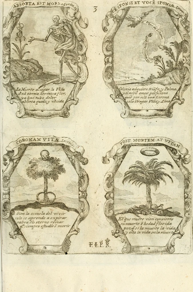 An illustration from Noticias historiales de la enfermedad, muerte, y exsequias de la esclarecida reyna de las Españas doña Maria Luisa de Orleans, Borbon Stuart y Austria, nuestra señora, dignissima consorte del rey nuestro señor Don Carlos segundo de Austria, 1690, leaf 198