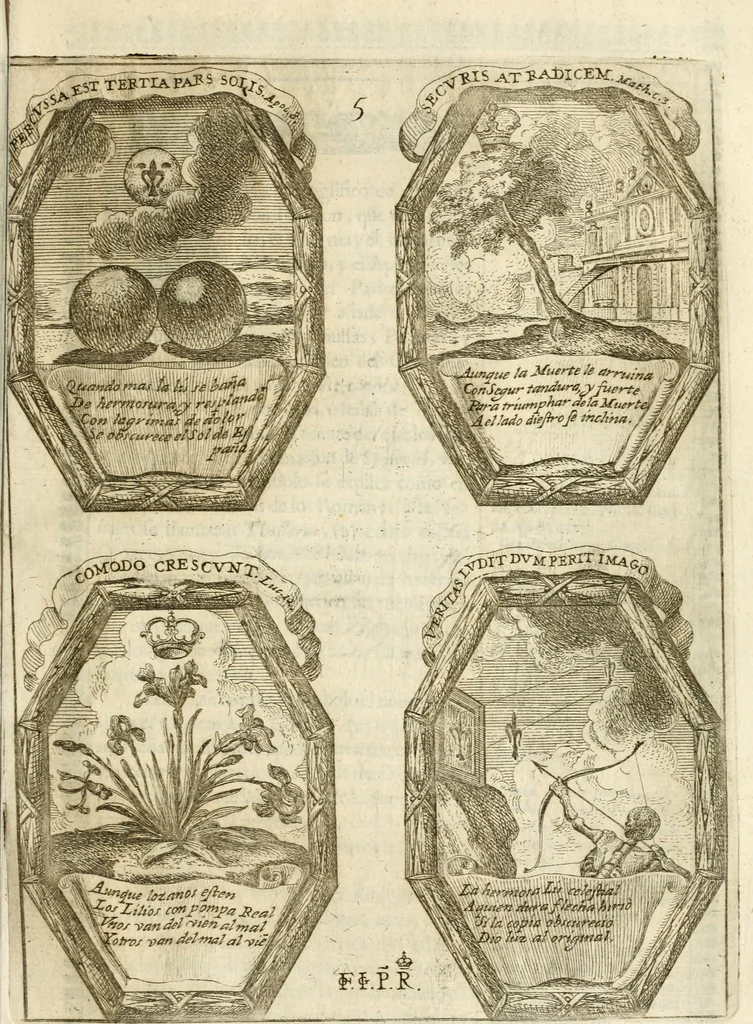 An illustration from Noticias historiales de la enfermedad, muerte, y exsequias de la esclarecida reyna de las Españas doña Maria Luisa de Orleans, Borbon Stuart y Austria, nuestra señora, dignissima consorte del rey nuestro señor Don Carlos segundo de Austria, 1690, leaf 202