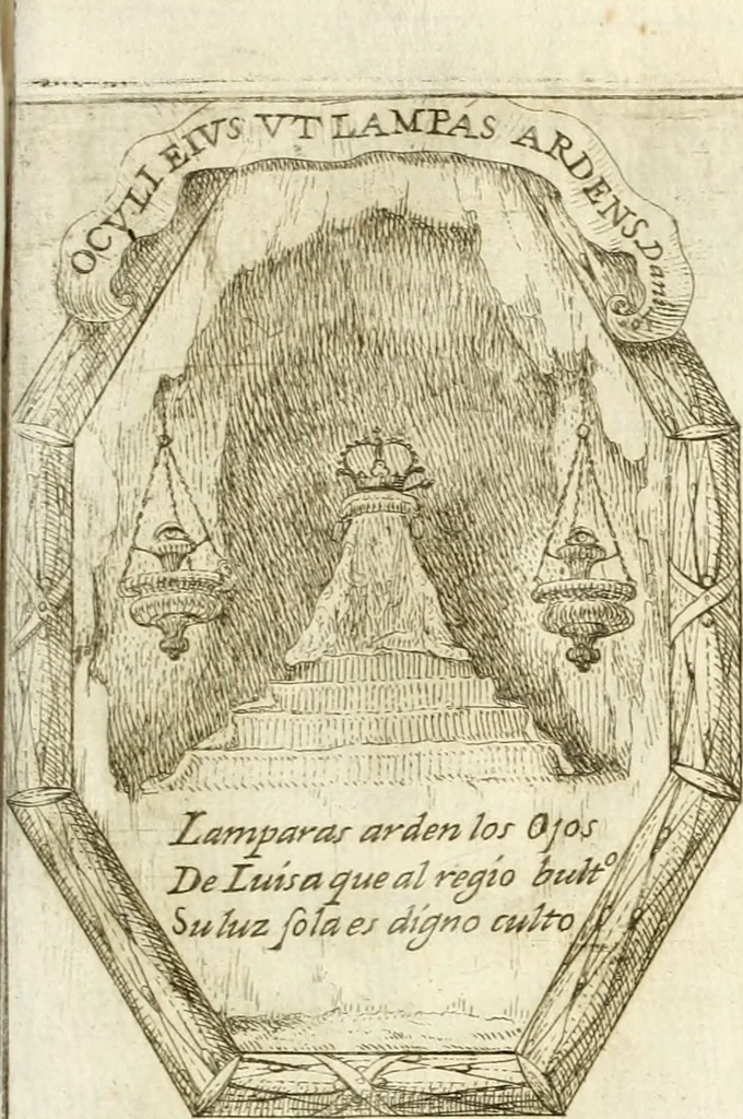 An illustration from Noticias historiales de la enfermedad, muerte, y exsequias de la esclarecida reyna de las Españas doña Maria Luisa de Orleans, Borbon Stuart y Austria, nuestra señora, dignissima consorte del rey nuestro señor Don Carlos segundo de Austria, 1690, leaf 214