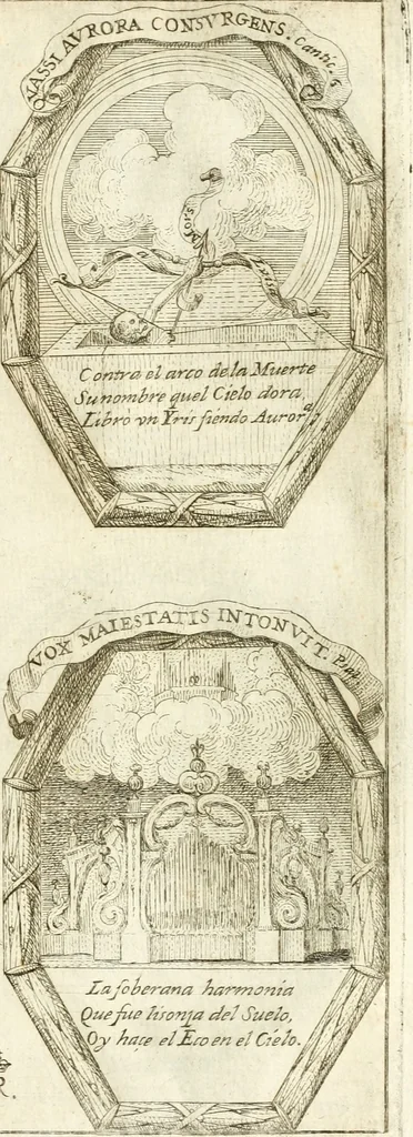 An illustration from Noticias historiales de la enfermedad, muerte, y exsequias de la esclarecida reyna de las Españas doña Maria Luisa de Orleans, Borbon Stuart y Austria, nuestra señora, dignissima consorte del rey nuestro señor Don Carlos segundo de Austria, 1690, leaf 214