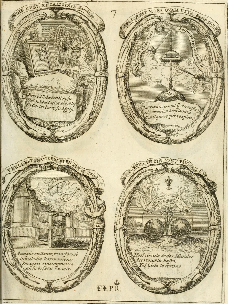 An illustration from Noticias historiales de la enfermedad, muerte, y exsequias de la esclarecida reyna de las Españas doña Maria Luisa de Orleans, Borbon Stuart y Austria, nuestra señora, dignissima consorte del rey nuestro señor Don Carlos segundo de Austria, 1690, leaf 216