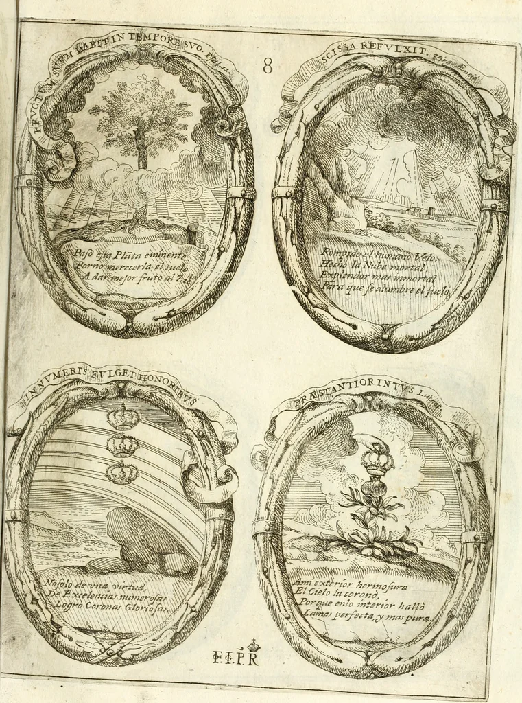 An illustration from Noticias historiales de la enfermedad, muerte, y exsequias de la esclarecida reyna de las Españas doña Maria Luisa de Orleans, Borbon Stuart y Austria, nuestra señora, dignissima consorte del rey nuestro señor Don Carlos segundo de Austria, 1690, leaf 218