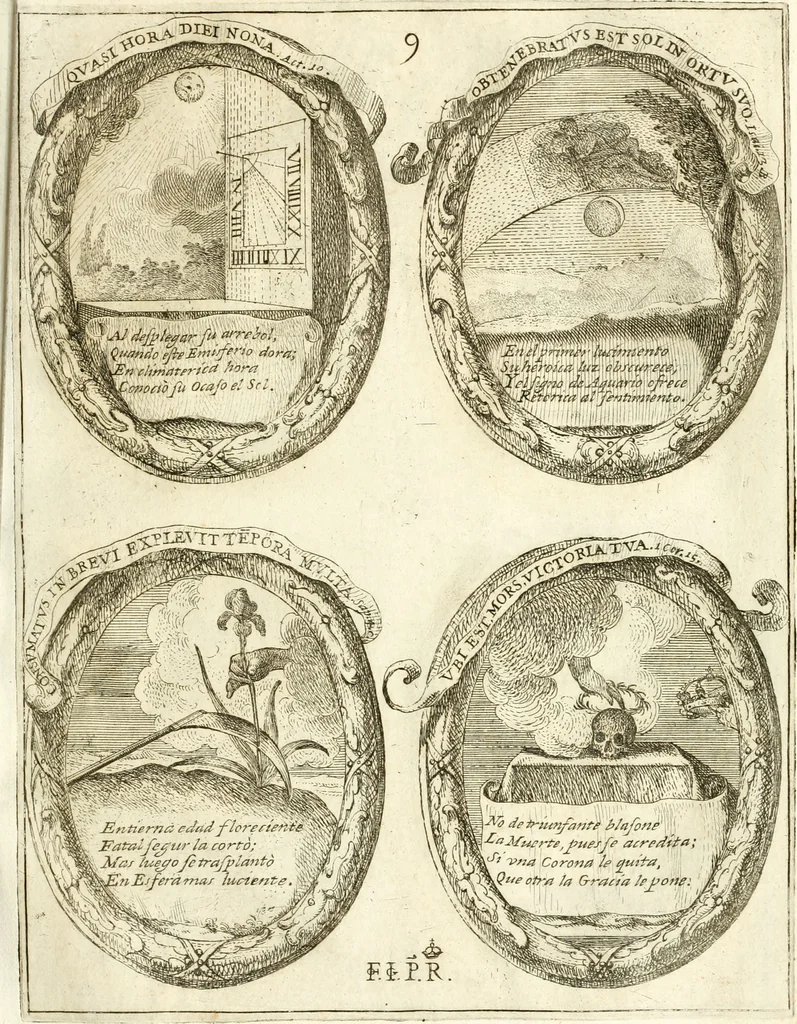 An illustration from Noticias historiales de la enfermedad, muerte, y exsequias de la esclarecida reyna de las Españas doña Maria Luisa de Orleans, Borbon Stuart y Austria, nuestra señora, dignissima consorte del rey nuestro señor Don Carlos segundo de Austria, 1690, leaf 220