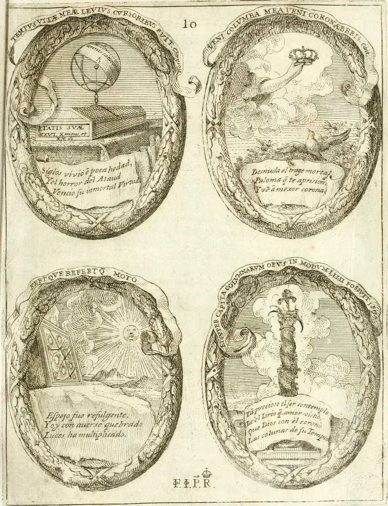 An illustration from Noticias historiales de la enfermedad, muerte, y exsequias de la esclarecida reyna de las Españas doña Maria Luisa de Orleans, Borbon Stuart y Austria, nuestra señora, dignissima consorte del rey nuestro señor Don Carlos segundo de Austria, 1690, leaf 222